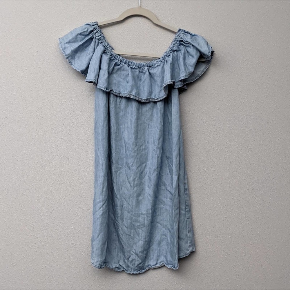 Lulu's Chambray Ruffle Off Shoulder Mini Dress Size Small